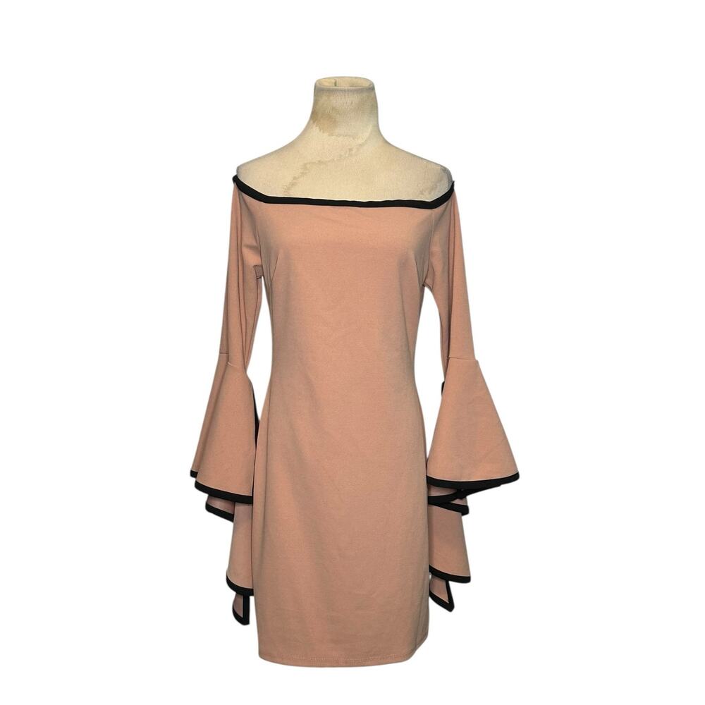 Event beige black trim off the shoulder sheath dress size Large